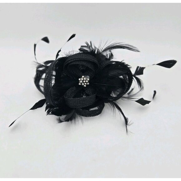 Fascinator Black Saks Fifth Avenue Feather Rhinestone Ribbon Kentucky Derby Hats - Picture 1 of 9